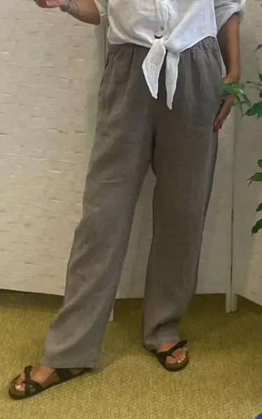 Pantaloni de vara, drepti, din in, cu siret in talie, bej inchis