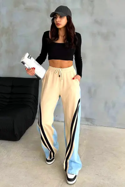 Pantaloni din bumbac Katalea, cu denim, snur in talie si croi lejer, Crem