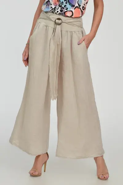 Pantaloni drepi, largi, de vara, din in, cu accesoriu de lemn, bej