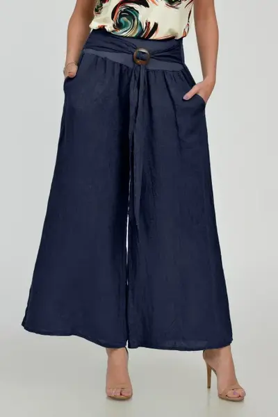 Pantaloni drepi, largi, de vara, din in, cu accesoriu de lemn, bleumarin