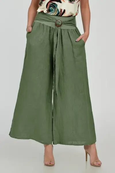 Pantaloni drepi, largi, de vara, din in, cu accesoriu de lemn, kaki