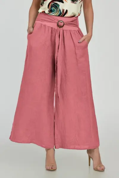 Pantaloni drepi, largi, de vara, din in, cu accesoriu de lemn, roz inchis