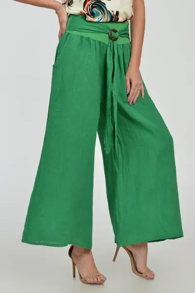 Pantaloni drepi, largi, de vara, din in, cu accesoriu de lemn, verzi
