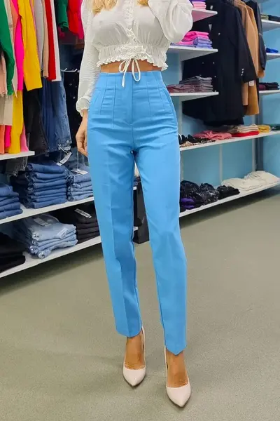 Pantaloni eleganti, ChicMe, cu talie inalta, Albastru deschis