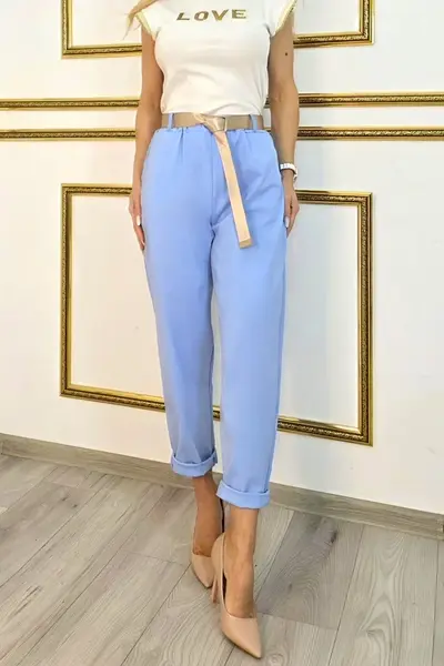 Pantaloni eleganti cu bumbac YASMIN, talie elastica si curea, Baby Blue, Marime S/M