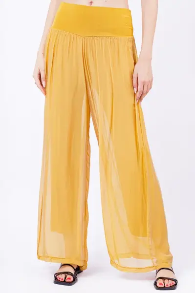 Pantaloni galbeni, drepti, cu dublura, din matase si vascoza