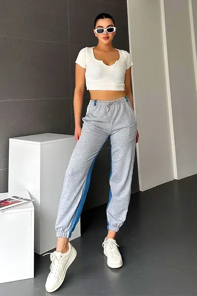 Pantaloni hibrid Geroko, cu dungi si buzunare laterale, Gri