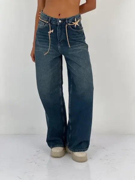 Pantaloni jeans denim croiala larga, albastru