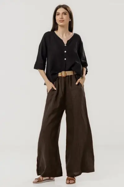 Pantaloni largi de vara, din in cu croi lejer si curea din sfoara, maro