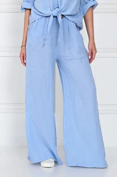 Pantaloni largi de vara, din in cu croi lejer si curea din sfoara, bleu