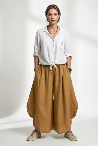 Pantaloni largi de vara, din in, cu croiala ampla si rotunjiri laterale, camel