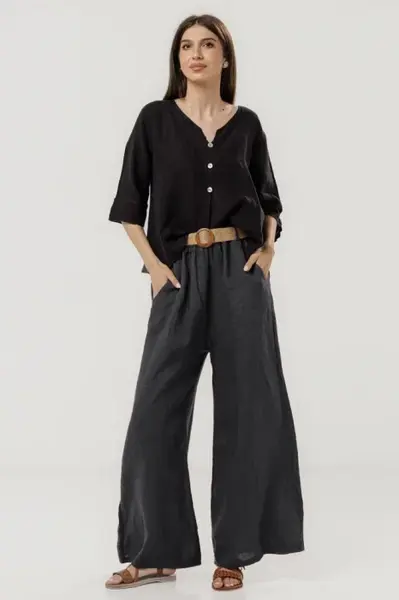 Pantaloni largi de vara, din in gri inchis cu croi lejer si curea din sfoara