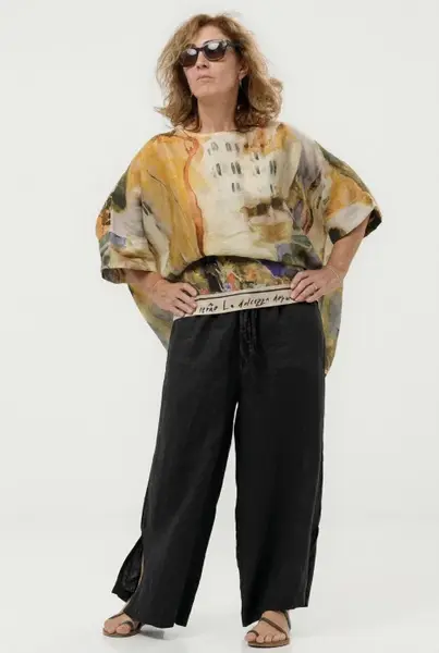 Pantaloni largi de vara din in, pentru minione, cu croi lejer,negri