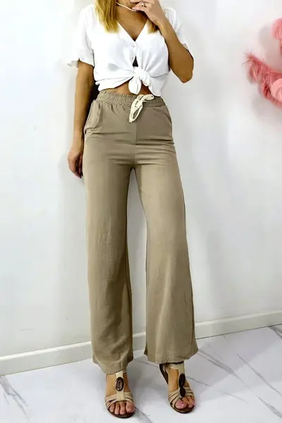 Pantaloni lungi dama, MERON, cu bumbac si banda elastica, BEJ