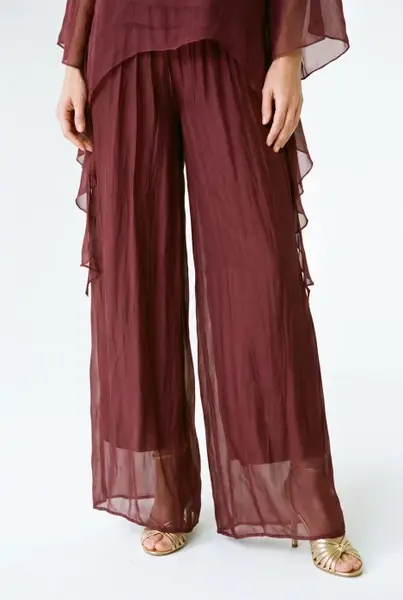 Pantaloni lungi tip palazzo, drepti, cu dublura, din matase si vascoza, bordo
