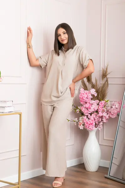 Pantaloni palazzo Athena cu talie elastica si insertii argintii - Bej