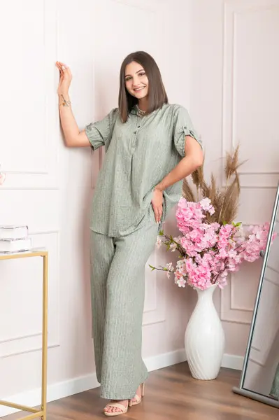 Pantaloni palazzo Athena cu talie elastica si insertii argintii - Kaki