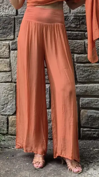 Pantaloni palazzo dama eleganti, largi, din matase si vascoza cu dublura, caramiziu