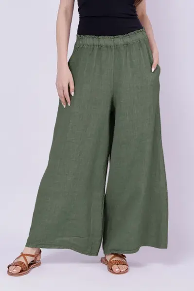 Pantaloni palazzo din in cu croi amplu, kaki
