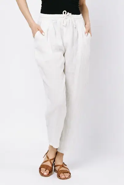 Pantaloni pana din in, cu siret in talie, albi