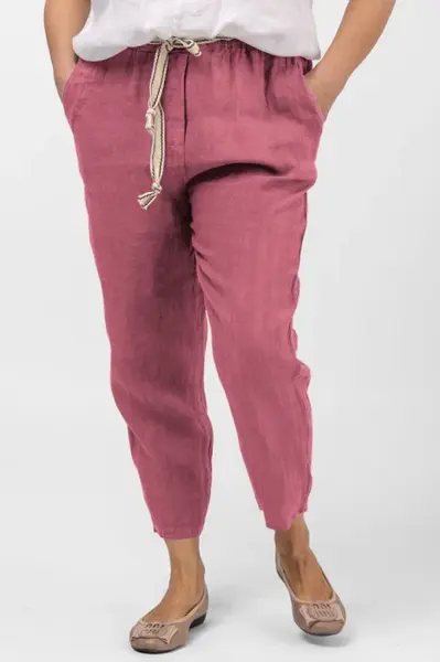 Pantaloni roz inchis din in, pana, cu snur alb