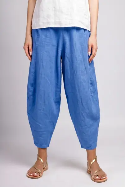 Pantaloni salvari din in cu croi lejer si volumetric, bleu