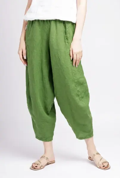 Pantaloni salvari din in cu croi lejer si volumetric, verde olive