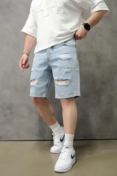 PANTALONI SCURȚI DIN DENIM BLEACH CU RUPTURI DECORATIVE PSAS223(1839) (MĂRIME: 32)