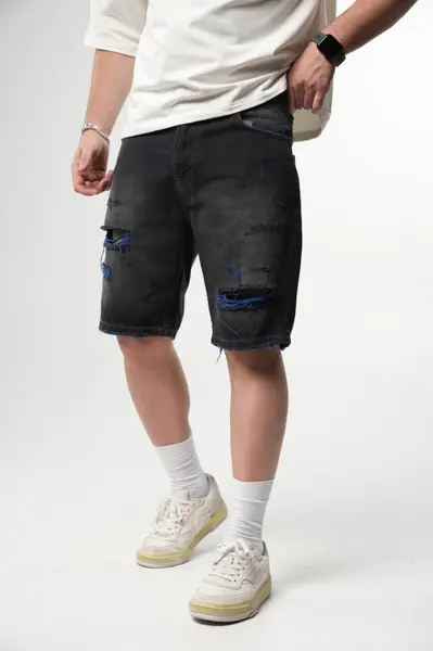 PANTALONI SCURTI RUPTI BLACK-BLUE PSAS211(9520) (MĂRIME: 36)