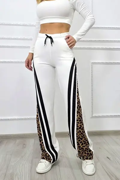 Pantaloni sport cu imprimeu, Move Street si legare cu snur, ALB