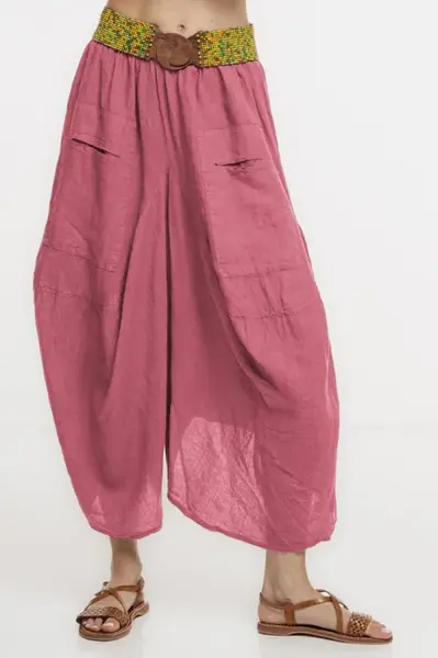 Pantaloni tip salvari din in, croiala asimetrica si buzunare, roz inchis