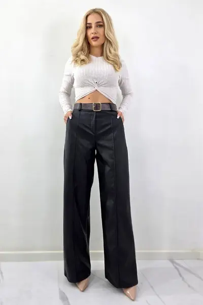 Pantaloni vatuiti Leonis, din piele ecologica, cu buzunare si curea asortata, Negru, Marime S/M