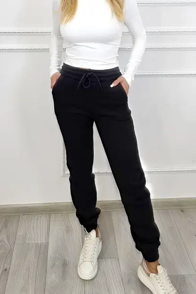 Pantaloni vatuiti RYLEX, cu snur in talie si banda elastica, Negru