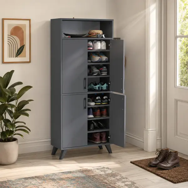 Pantofar modern 72x32x170 cm, cu 4 usi si 9 rafturi, pentru hol, intrare sau depozitare incaltaminte
