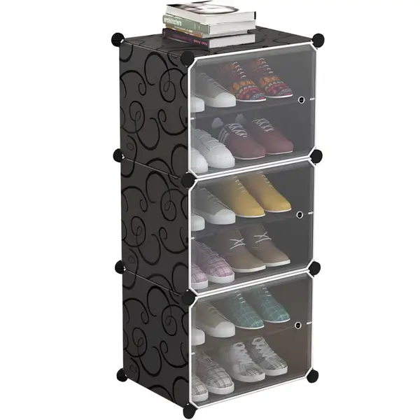 Pantofar Modular NewEvo, 3 Module, 6 Niveluri, Usi Transparente, Depozitare Incaltaminte, Capacitate Mare 93x41x31 cm, Montaj Rapid, Negru