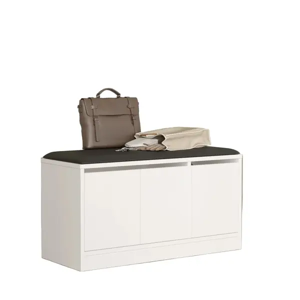 Pantofar Octopod cu 3 usi si taburet, Alb - Lemn, Natural, 90x46x36 cm