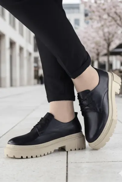 Pantofi Casual cu Siret din Piele Negri- PADA BLACK