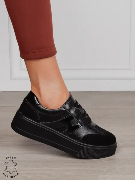 Pantofi Casual damă din piele naturală cu model lateral CRL1569 NEGRU