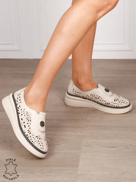 Pantofi Casual dama din Piele naturala cu model Perforat CRL1600 BEJ