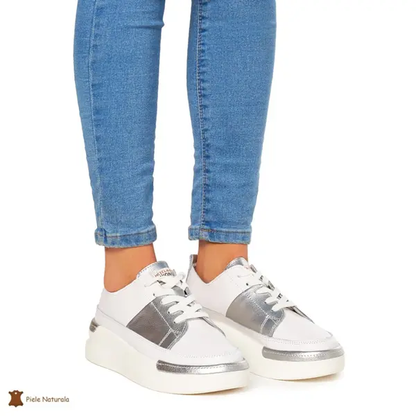 Pantofi Casual dama din Piele naturala cu talpa groasa CRL0056 ALB CU ARGINTIU