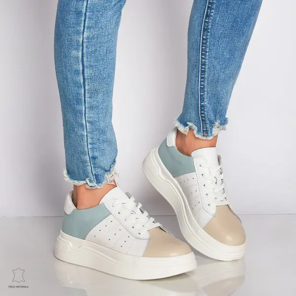 Pantofi Casual dama din Piele naturala cu talpa groasa Multicolor CRL0040ALB CU ALBASTRU