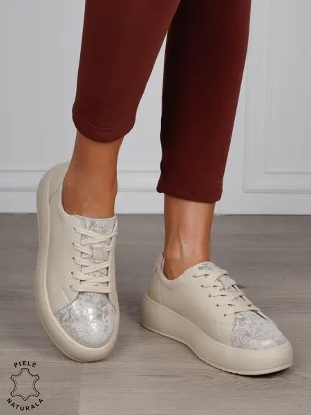 Pantofi Casual damă din piele naturală cu talpa inalta CRL1571 BEJ