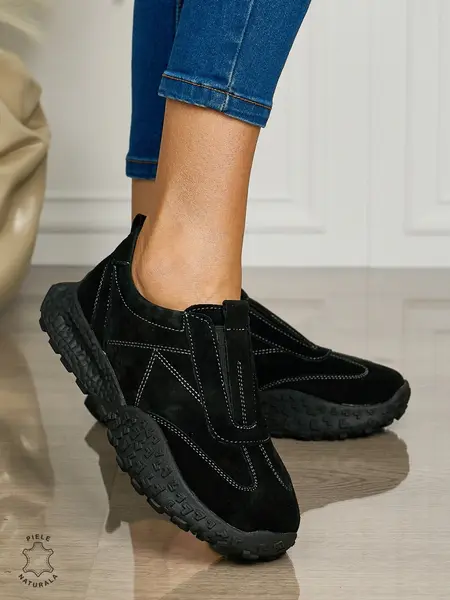 Pantofi CASUAL dama din piele naturala INTOARSA de tip Slip-on CRL1458 NEGRU SUEDE