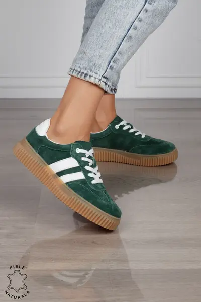Pantofi Casual DAMA din Piele Naturala intoarsa, Model Retro CRL1531VERDE