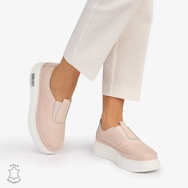 Pantofi Casual dama din Piele Naturala Perforata cu elastic frontal CRL1068 CULOARE: ROZ