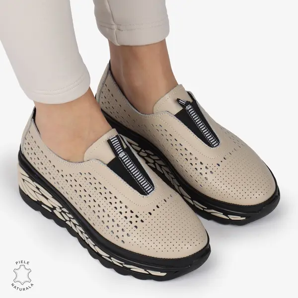 Pantofi Casual dama PERFORATI din Piele naturala CU DESIGN PE TALPA SLIP-ON CRL1338 BEJ