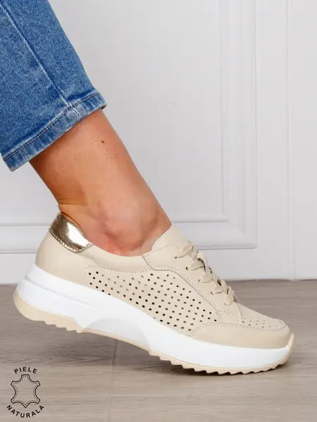 PANTOFI CASUAL Dama Piele Naturala cu mici perforati confortabile CRL1596 BEJ