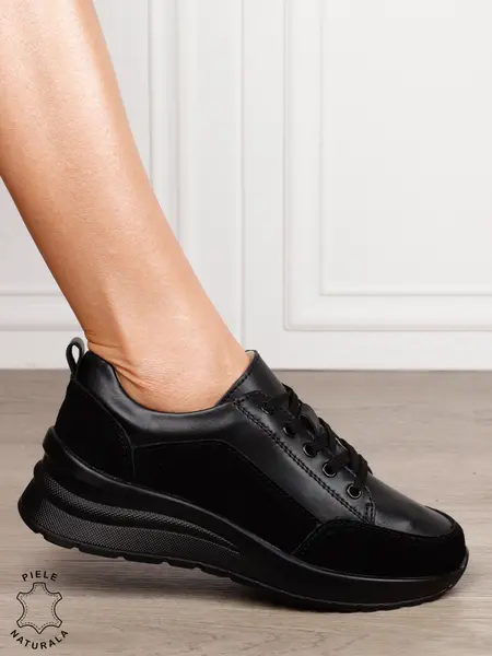 PANTOFI CASUAL Dama Piele Naturala cu siret CRL1593 NEGRU