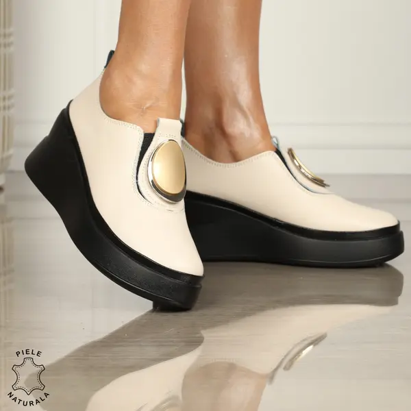 PANTOFI CASUAL DAMA Piele Naturala Slip-on cu deatliu in fata CRL1443 BEJ