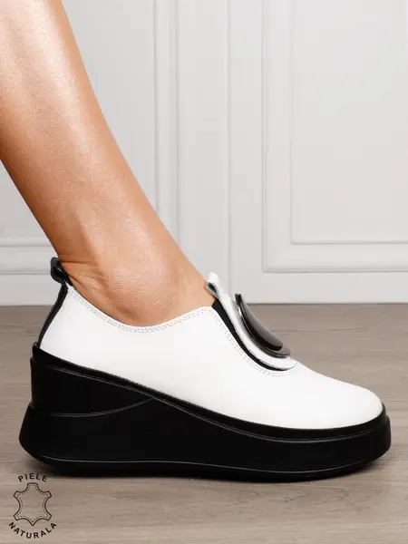 PANTOFI CASUAL DAMA Piele Naturala Slip-on cu deatliu in fata CRL1443 ALB